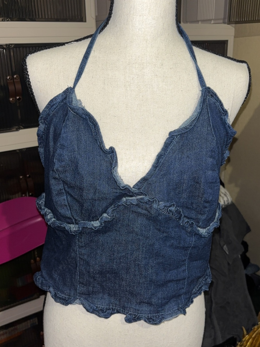 SHEIN Blue Denim Halter Ruffle Crop Top